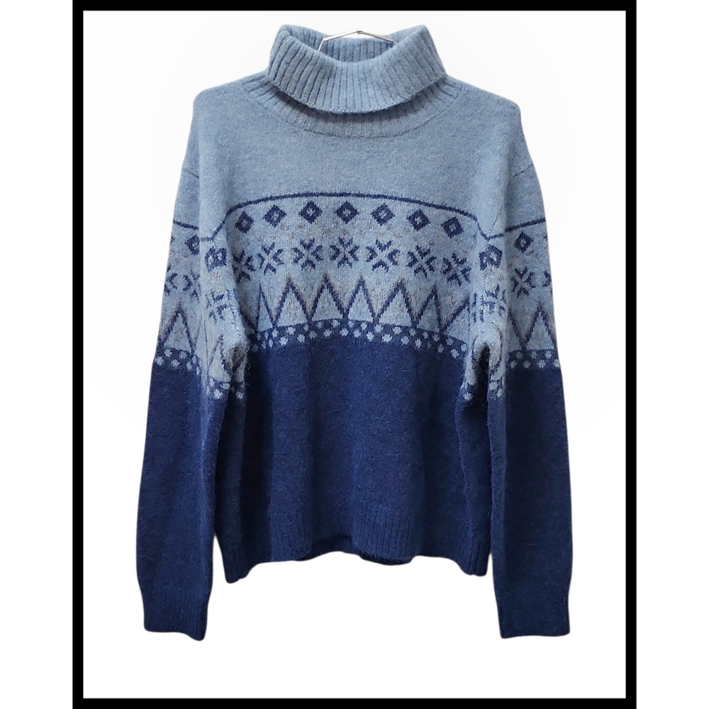 Pacas Fair Isle Turtleneck Sweater Alpaca Mohair Wool Blend Blue Gray Size XL